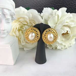 Vintage Gay Boyer Gold Tone Faux Pearl Large Earrings